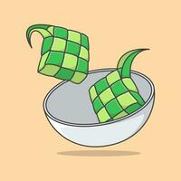 Ketupat oder Reis Knödel im Weiß Schüssel Karikatur Vektor Illustration. eid al fitr Ketupat Reis Essen eben Symbol Gliederung