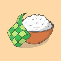 Ketupat med ris i en skål tecknad serie vektor illustration. eid al fitr Ketupat ris mat platt ikon översikt
