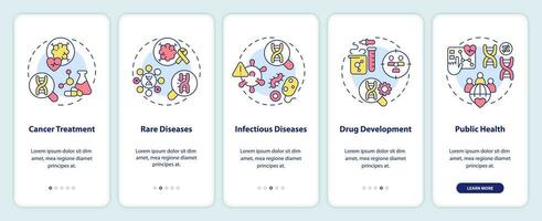 Anwendungen von Präzision Medizin Onboarding Handy, Mobiltelefon App Bildschirm. Komplettlösung 5 Schritte editierbar Grafik Anleitung mit linear Konzepte. ui, ux, gui Vorlage vektor