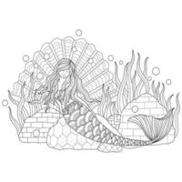 schöne Meerjungfrau Hand gezeichnet für Erwachsene Malbuch vektor