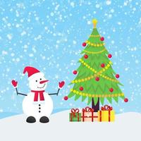 Schneemann mit Weihnachtsbaumtanne und Geschenke mit fallendem Schnee vektor