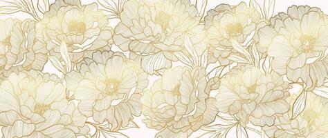 lyx gyllene pion blomma linje konst bakgrund vektor. naturlig botanisk elegant blomma med guld linje konst. design illustration för dekoration, vägg dekor, tapet, omslag, baner, kort. vektor