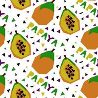 en mönster med ett abstrakt bild av papaya och en namn i de form av geometrisk former. färgrik textil- skriva ut i tropisk stil. förpackning för Produkter med en vissa smak. stiliserade platt vektor