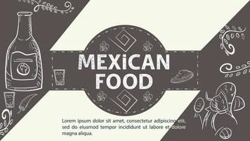 illustration skiss för designen i mitten av cirkeln inskriptionen mexikansk mat en mexikansk man med maracas och en flaska tequila på en kaffebakgrund vektor