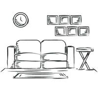 skiss av en levande rum design med soffa och en tabell vektor