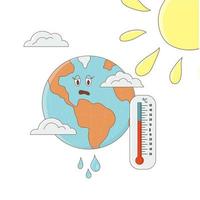 Konzept der globalen Erwärmung und des Klimawandels. die Sonnenstrahlen fallen auf den Planeten Erde, das Thermometer zeigt eine hohe Lufttemperatur an. Vektor-Illustration vektor