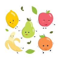 süßes Obst-Icon-Set mit Gesichtern, Armen und Beinen - Zitrone, Apfel, Birne, Banane, Orange. Kawaii-Design. Vektor-Illustration im Cartoon-Stil. vektor