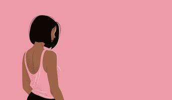 ung afrikansk amerikan kvinna med kort svart hetero hår i rosa topp tank. isolerat svart stark flicka stående tillbaka på rosa bakgrund med tömma Plats. vektor illustration
