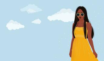 Vektor horizontal Banner. süß Illustration von afrikanisch amerikanisch Frau im Gelb Kleid und Sonnenbrille. Poster oder Netz Banner zum Verkauf, Anzeige, Anhänger, Broschüre mit Himmel und Wolken. modern Kunst.