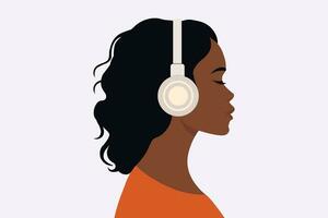 Mädchen hört zu zu Musik- im Kopfhörer. Profil von ein jung afrikanisch Frau. Podcast, Hörbuch, Radio, Meditation Konzept. Vektor eben Illustration