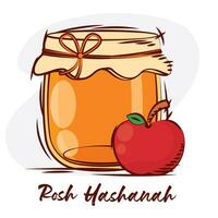 färgad skiss av honung burk och äpple rosh hashanah vektor