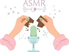 vektor asmr illustration med sändningar kvinna brytning choklad på mikrofon till göra knasande. asmr sändningar begrepp. trevlig ljud för gåshud.