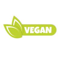 vegan klistermärke, märka, bricka och logotyp. ekologi ikon. logotyp mall med grön löv för vegan restaurang eller vegan produkt. vektor illustration isolerat på vit bakgrund