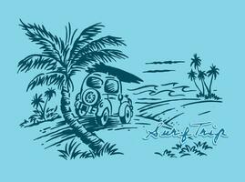 Vektor, Hand gezeichnet Illustration im Karikatur Stil von Strand Landschaft mit Surfer Wagen. Kunst im ausgezogen Schlaganfälle zum Poster, druckt auf T-Shirts und usw. vektor