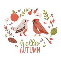 Hallo Herbst Postkarte mit Vögel. Wald Karte mit Blätter und süß Wald Tier auf Weiß Hintergrund. Vektor Illustration