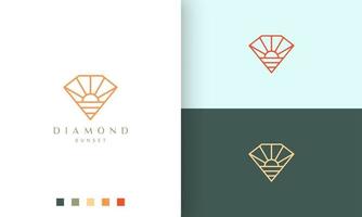 diamantstrandlogotyp med solform i enkel mono-linje och modern stil vektor