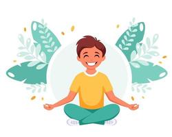 kleiner Junge, der im Lotussitz meditiert. Gymnastik, Meditation für Kinder. vektor
