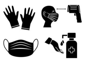 Handdesinfektionsmittel und Temperaturkontrollstation. Maske, Handschuhe und Temperaturmessung sind erforderlich. Infografik-Elemente im Gesundheitswesen. Symbole zur Virenprävention. Vektor