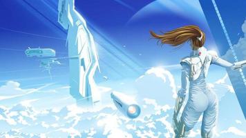 Eine schöne Dame, die steht und auf das Raumschiff schaut, landet auf der futuristischen Struktur auf einem fremden Planeten. vektor