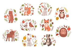 Wald Tiere Satz. süß Fuchs, tragen, Elch, Hase und Vögel. perfekt zum Scrapbooking, Karten, Poster, Schild, Aufkleber Bausatz. Hand gezeichnet Vektor Illustration.