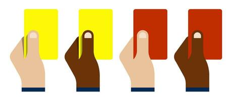 Sport Spiel Schiedsrichter Hand zeigen rot und Gelb Karte zum Spieler brechen Regeln. Mannschaft Spiel von Fußball, Fußball. Beachtung mit Regeln von Spiel. Vektor