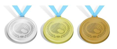 einstellen von Sport Eis Eishockey Medaillen Emblem von öffnen Eishockey Helm und schwarz Gummi Puck im Lorbeer Kranz zum Eis Eishockey Wettbewerb. Gold, Silber und Bronze- vergeben mit Blau Schleife. 3d Vektor