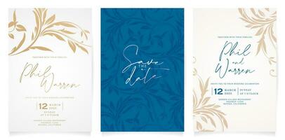 bröllop inbjudan kort med gyllene löv utsmyckad blommig dekorativ tre uppsättning minimalistisk stilar för hälsningar kort mall, brevpapper, layout, collage, scen mönster, händelse flygblad, grafik material vektor