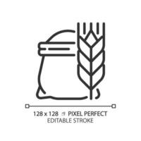 mjöl pixel perfekt linjär ikon. väska av vete. matlagning bröd. bakning ingrediens. rå jordbruks produkt. tunn linje illustration. kontur symbol. vektor översikt teckning. redigerbar stroke