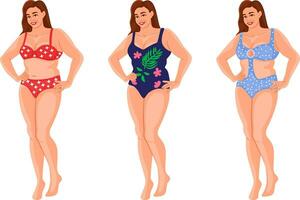 tre variationer av simning kostymer på ett modell. kurvig modell bär annorlunda bikinis. vektor