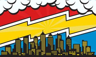 pop- konst komisk bakgrund med stad silhuett och moln illustration. platt komisk stil bakgrund vektor