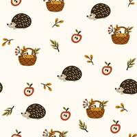 Herbst Vektor Hintergrund mit süß Igel und Korbweide Korb mit Ernte. Wald Baby Tiere nahtlos Muster. kreativ Hintergrund zum Stoff, Textil, Scrapbooking, Drucke. Vektor Illustration