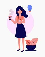Illustration Vektor Grafik von ein Frau mit Kaffee finden ein Idee