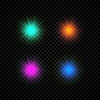 Licht bewirken von Linse Fackeln. einstellen von vier Grün, orange, lila und Blau glühend Beleuchtung Starburst Auswirkungen mit funkelt vektor