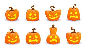 halloween pumpa lyktor, tecknad serie domkraft o lykta tecken, ondska symbol av halloween Semester, dekorationer, design element, klistermärken på en vit bakgrund. vektor