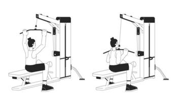 muskel byggnad med lat dra ner maskin bw vektor fläck illustration. sportsman 2d tecknad serie platt linje enfärgad karaktär för webb ui design. tillbaka övningar redigerbar isolerat översikt hjälte bild