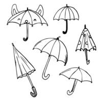 vektor paraply. klotter paraply dragen med svart rader. svart målad paraply på en vit bakgrund