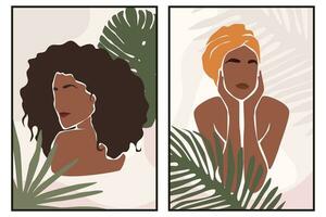 abstrakt porträtt illustration av afrikansk kvinna med tropisk löv. uppsättning av boho affischer. modern boho stil bakgrund för konst skriva ut, affisch, kort, dekor. stock vektor illustration