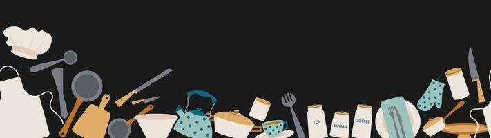 Vektor Koch Koch Küche Werkzeuge einstellen lange nahtlos Banner. Geschirr und Utensilien. Objekte zum Essen Vorbereitung und Essen.