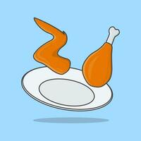 friterad kyckling på en tallrik tecknad serie vektor illustration. friterad kyckling platt ikon översikt