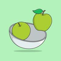 Schüssel von Grün Apfel Karikatur Vektor Illustration. Apfel Obst eben Symbol Gliederung