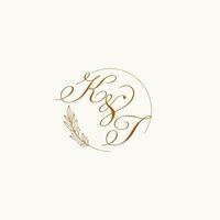 Initialen kt Hochzeit Monogramm Logo mit Blätter und elegant kreisförmig Linien vektor