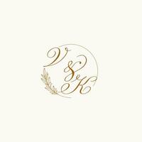 initialer vk bröllop monogram logotyp med löv och elegant cirkulär rader vektor
