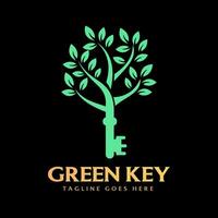Schlüssel mit retro Jahrgang Grün Blatt Baum Pflanze Logo Design Vektor auf dunkel Hintergrund.