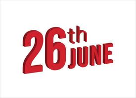 26: e juni , dagligen kalender tid och datum schema symbol. modern design, 3d tolkning. vit bakgrund. vektor