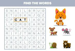 utbildning spel för barn hitta de ord för söt tecknad serie katt hund mus snigel Björn tryckbar djur- kalkylblad vektor