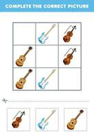 Bildung Spiel zum Kinder Komplett das richtig Bild von ein süß Karikatur Violine und Gitarre druckbar Musik- Instrument Arbeitsblatt vektor