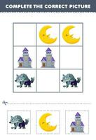 utbildning spel för barn komplett de korrekt bild av en söt tecknad serie måne varulv och slott tryckbar halloween kalkylblad vektor