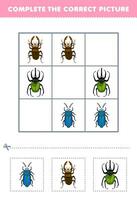 utbildning spel för barn komplett de korrekt bild av en söt tecknad serie skalbagge tryckbar insekt kalkylblad vektor