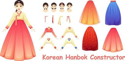 Hanbok, traditionell Koreanisch Kleidung zum Frauen. Konstrukteur Kleidung. Rock, Jacke, Bogen, traditionell Koreanisch Frisuren vektor