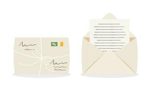 stängd och öppen kuvert med kartong märka, frimärken och handskriven papper brev. brev post leverans begrepp vektor